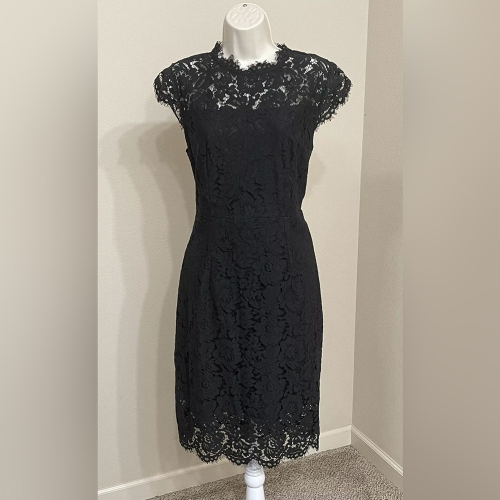 Merokeety Women’s Black Floral Lace Overlay Crew Neck Knee Bodycon Dress s M